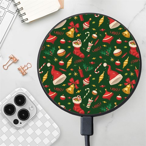 Texture, Pattern, Red, Craciun, Christmas, Hat, Santa, Green Wireless Fast Charger(Black) from ArtsNow.com Front