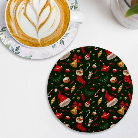 Texture, Pattern, Red, Craciun, Christmas, Hat, Santa, Green UV Print Round Tile Coaster from ArtsNow.com Front