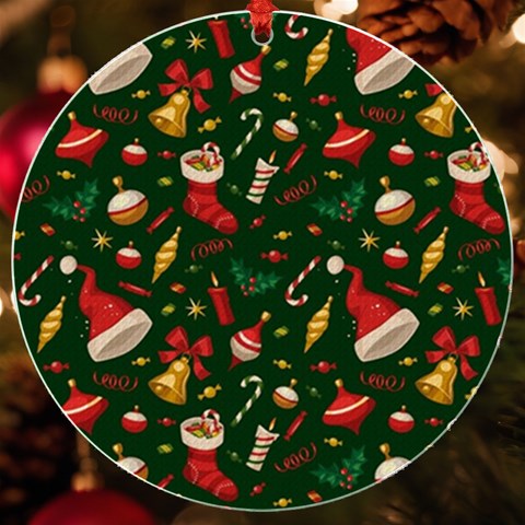 Texture, Pattern, Red, Craciun, Christmas, Hat, Santa, Green UV Print Acrylic Ornament Round from ArtsNow.com Front