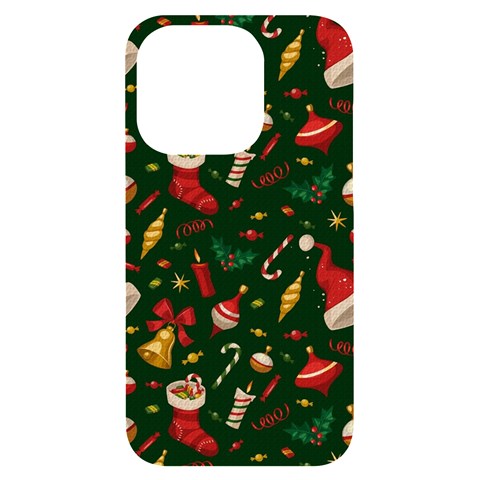 Texture, Pattern, Red, Craciun, Christmas, Hat, Santa, Green iPhone 14 Pro Black UV Print Case from ArtsNow.com Front