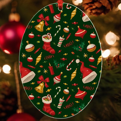 Texture, Pattern, Red, Craciun, Christmas, Hat, Santa, Green UV Print Acrylic Ornament Oval from ArtsNow.com Front