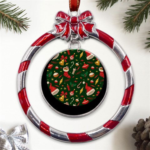 Texture, Pattern, Red, Craciun, Christmas, Hat, Santa, Green Metal Red Ribbon Round Ornament from ArtsNow.com Front