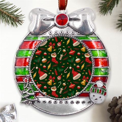 Texture, Pattern, Red, Craciun, Christmas, Hat, Santa, Green Metal X Mas Ribbon With Red Crystal Round Ornament from ArtsNow.com Front