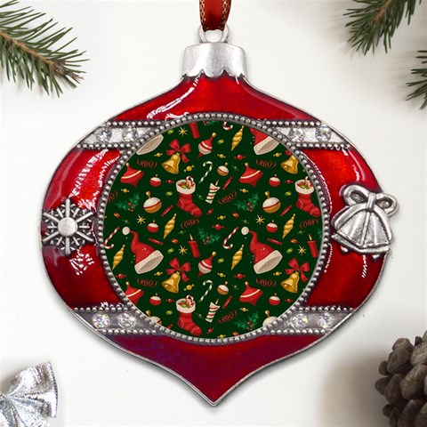 Texture, Pattern, Red, Craciun, Christmas, Hat, Santa, Green Metal Snowflake And Bell Red Ornament from ArtsNow.com Front