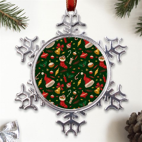 Texture, Pattern, Red, Craciun, Christmas, Hat, Santa, Green Metal Large Snowflake Ornament from ArtsNow.com Front