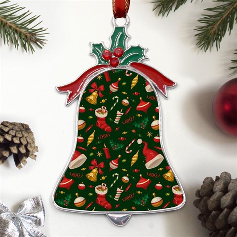 Texture, Pattern, Red, Craciun, Christmas, Hat, Santa, Green Metal Holly Leaf Bell Ornament from ArtsNow.com Front