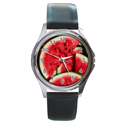 Watermelon, Fruit, Green, Red Round Metal Watch from ArtsNow.com Front