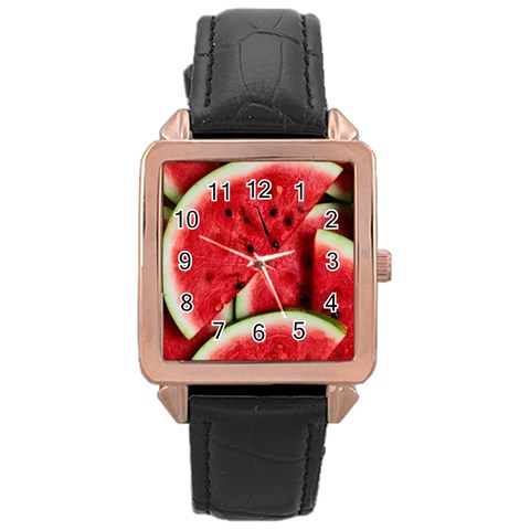 Watermelon, Fruit, Green, Red Rose Gold Leather Watch  from ArtsNow.com Front