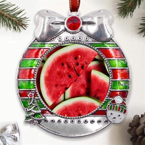 Watermelon, Fruit, Green, Red Metal X Mas Ribbon With Red Crystal Round Ornament from ArtsNow.com Front