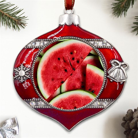 Watermelon, Fruit, Green, Red Metal Snowflake And Bell Red Ornament from ArtsNow.com Front