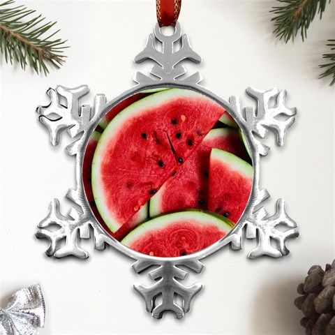 Watermelon, Fruit, Green, Red Metal Small Snowflake Ornament from ArtsNow.com Front