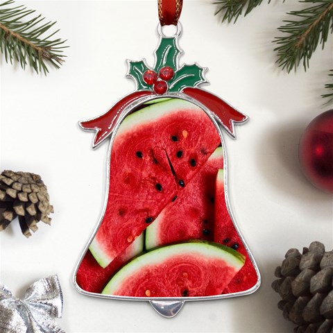 Watermelon, Fruit, Green, Red Metal Holly Leaf Bell Ornament from ArtsNow.com Front