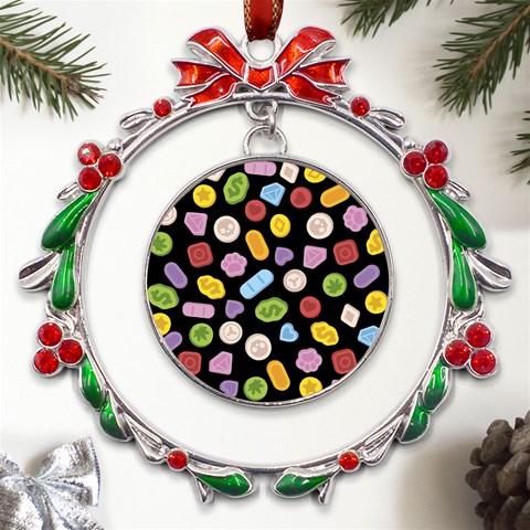 Ecstasy pills pattern Metal X mas Wreath Ribbon Ornament from ArtsNow.com Front