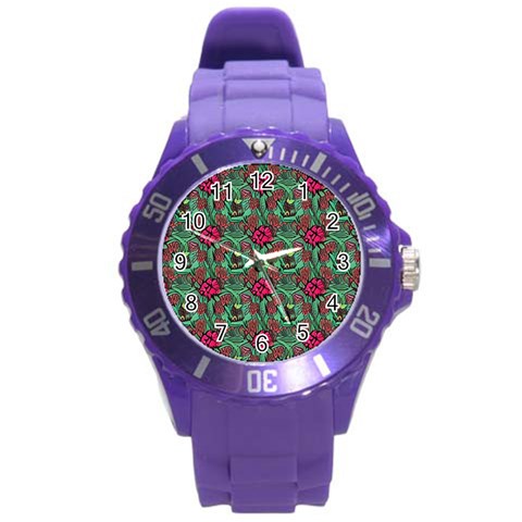 Retro 1880s Flowers Pattern 3 Round Plastic Sport Watch (L) from ArtsNow.com Front