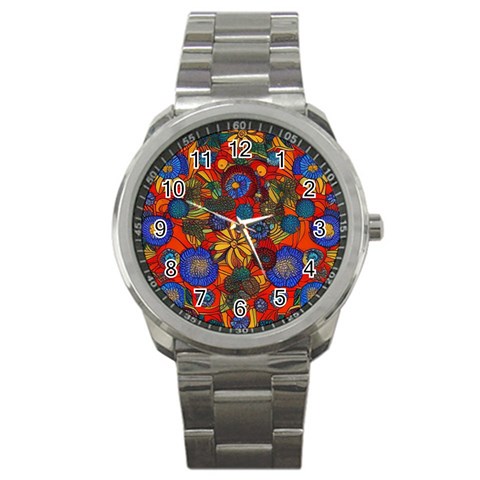 Mid Century Retro Floral 1970s 1960s Pattern 69 Sport Metal Watch from ArtsNow.com Front