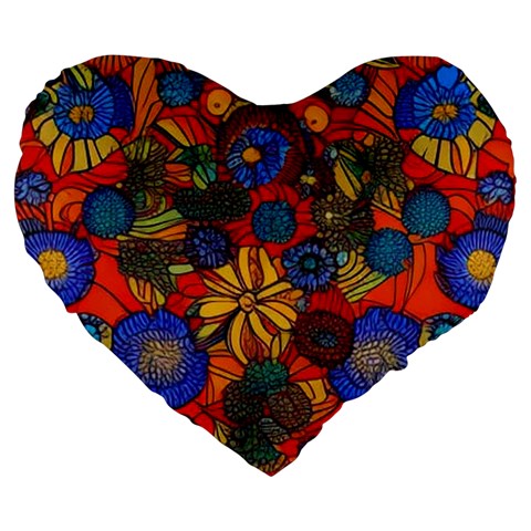 Mid Century Retro Floral 1970s 1960s Pattern 69 Large 19  Premium Heart Shape Cushions from ArtsNow.com Front