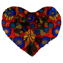 Mid Century Retro Floral 1970s 1960s Pattern 69 Large 19  Premium Heart Shape Cushions from ArtsNow.com Front