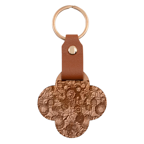 Mid Century Retro Floral 1970s 1960s Pattern 69 Engraved Wood Keychain from ArtsNow.com Front