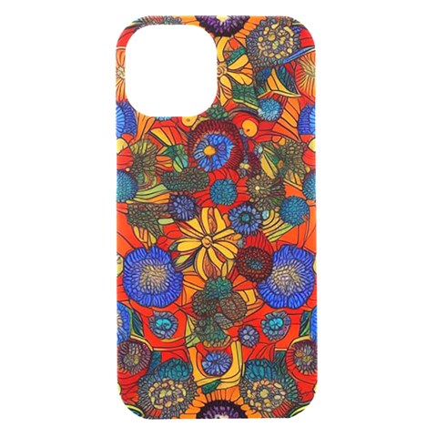 Mid Century Retro Floral 1970s 1960s Pattern 69 iPhone 15 Black UV Print PC Hardshell Case from ArtsNow.com Front