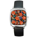 Mid Century Retro Floral 1970s 1960s Pattern 49 Square Metal Watch