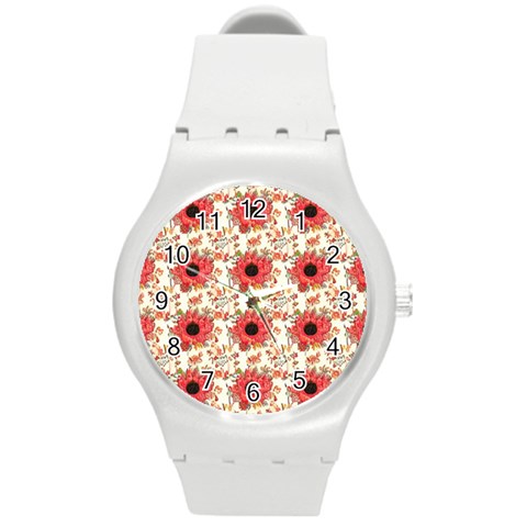 Retro 1880s Flowers Pattern 23 Round Plastic Sport Watch (M) from ArtsNow.com Front