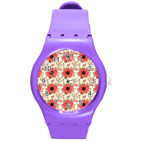 Retro 1880s Flowers Pattern 23 Round Plastic Sport Watch (M) from ArtsNow.com Front