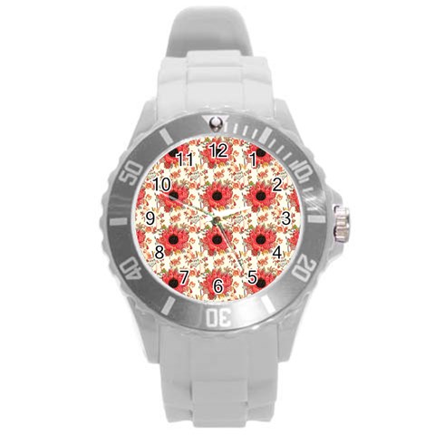 Retro 1880s Flowers Pattern 23 Round Plastic Sport Watch (L) from ArtsNow.com Front