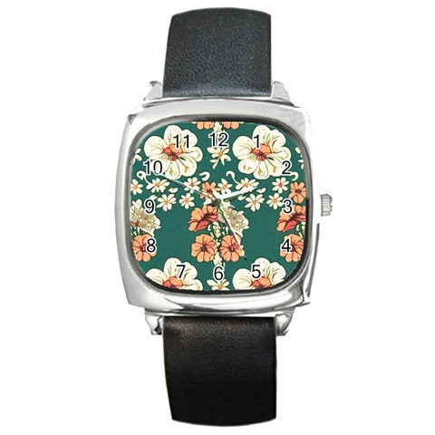 Retro 1880s Flowers Pattern 20 Square Metal Watch from ArtsNow.com Front