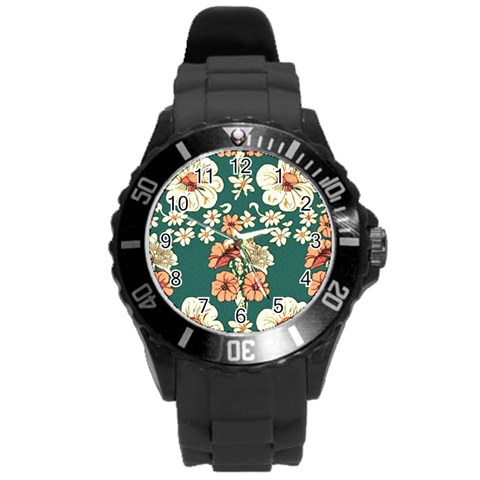 Retro 1880s Flowers Pattern 20 Round Plastic Sport Watch (L) from ArtsNow.com Front