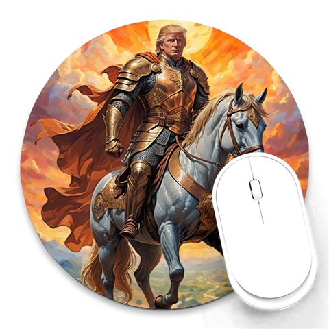 Heroic Trump Warrior in Golden Armor Round Mousepad from ArtsNow.com Front