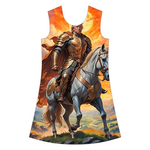 Heroic Trump Warrior in Golden Armor Kids  Short Sleeve Velvet Dress from ArtsNow.com Front