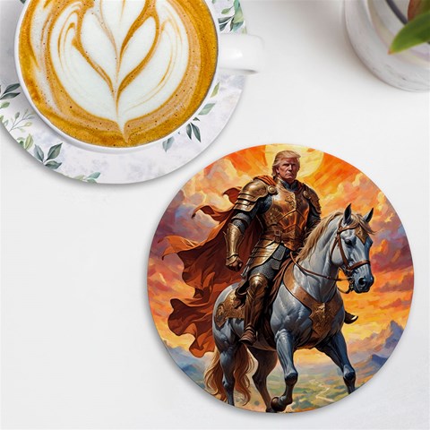 Heroic Trump Warrior in Golden Armor UV Print Round Tile Coaster from ArtsNow.com Front