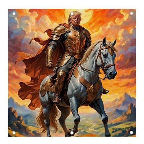 Heroic Trump Warrior in Golden Armor Banner and Sign 4  x 4  from ArtsNow.com Front