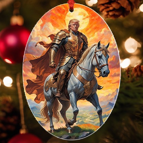 Heroic Trump Warrior in Golden Armor UV Print Acrylic Ornament Oval from ArtsNow.com Front