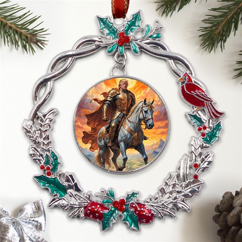 Heroic Trump Warrior in Golden Armor Metal X mas Wreath Holly leaf Ornament from ArtsNow.com Front