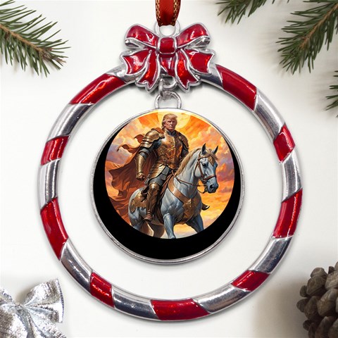 Heroic Trump Warrior in Golden Armor Metal Red Ribbon Round Ornament from ArtsNow.com Front