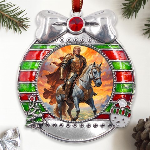 Heroic Trump Warrior in Golden Armor Metal X Mas Ribbon With Red Crystal Round Ornament from ArtsNow.com Front