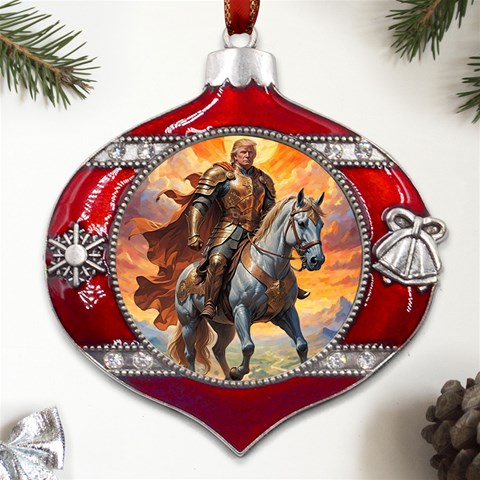 Heroic Trump Warrior in Golden Armor Metal Snowflake And Bell Red Ornament from ArtsNow.com Front