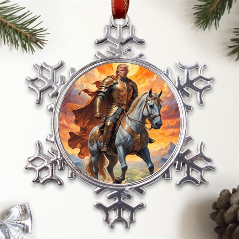 Heroic Trump Warrior in Golden Armor Metal Large Snowflake Ornament from ArtsNow.com Front