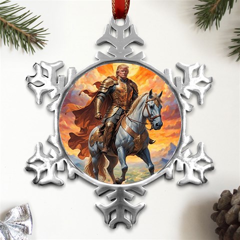 Heroic Trump Warrior in Golden Armor Metal Small Snowflake Ornament from ArtsNow.com Front