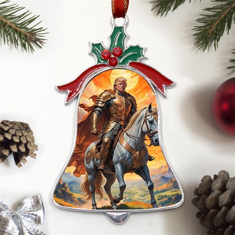 Heroic Trump Warrior in Golden Armor Metal Holly Leaf Bell Ornament from ArtsNow.com Front