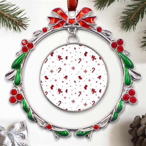 Christmas Xmas Holiday Pattern Background Metal X mas Wreath Ribbon Ornament from ArtsNow.com Front