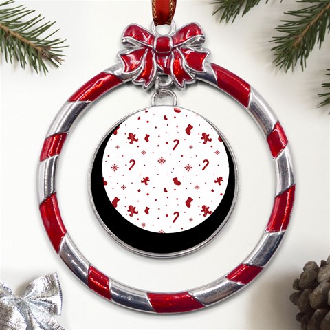 Christmas Xmas Holiday Pattern Background Metal Red Ribbon Round Ornament from ArtsNow.com Front