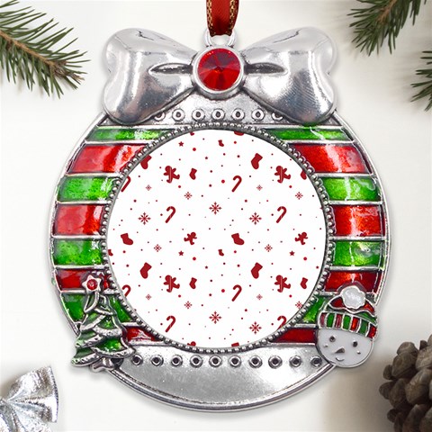 Christmas Xmas Holiday Pattern Background Metal X Mas Ribbon With Red Crystal Round Ornament from ArtsNow.com Front