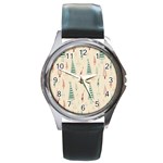 Trees Christmas Holiday Pattern Round Metal Watch