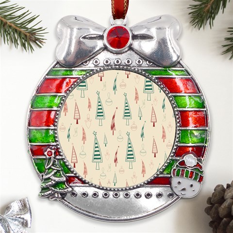 Trees Christmas Holiday Pattern Metal X Mas Ribbon With Red Crystal Round Ornament from ArtsNow.com Front