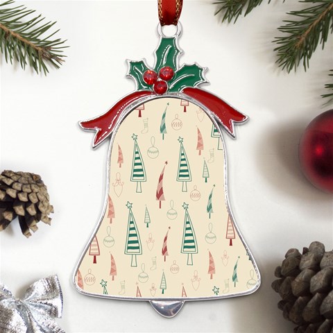 Trees Christmas Holiday Pattern Metal Holly Leaf Bell Ornament from ArtsNow.com Front