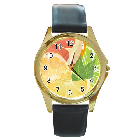 Citrus Fruit Healthy Vitamin Round Gold Metal Watch from ArtsNow.com Front