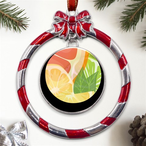 Citrus Fruit Healthy Vitamin Metal Red Ribbon Round Ornament from ArtsNow.com Front