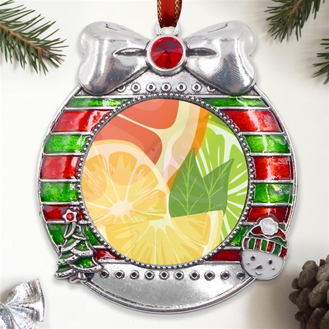 Citrus Fruit Healthy Vitamin Metal X Mas Ribbon With Red Crystal Round Ornament from ArtsNow.com Front